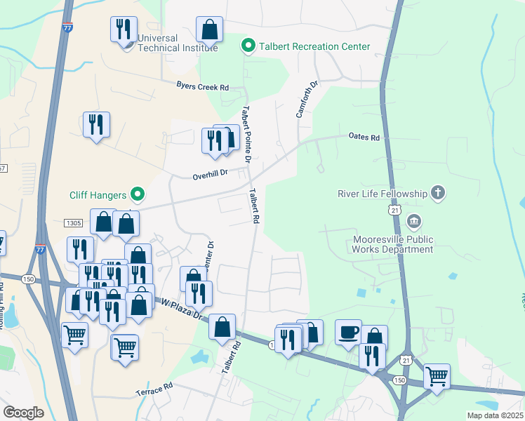 map of restaurants, bars, coffee shops, grocery stores, and more near 125 Talbert Road in Mooresville