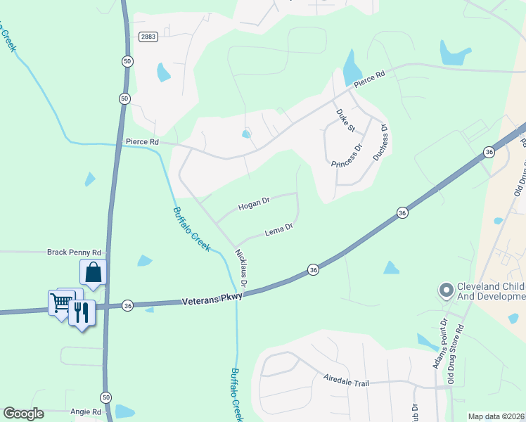 map of restaurants, bars, coffee shops, grocery stores, and more near 120 Hogan Drive in Garner