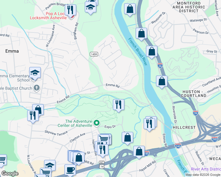 map of restaurants, bars, coffee shops, grocery stores, and more near 341 Emma Road in Asheville