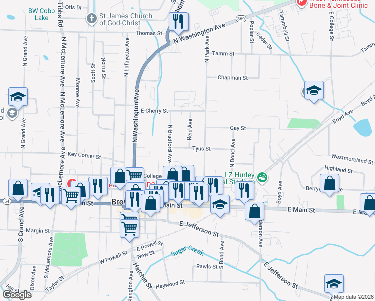 map of restaurants, bars, coffee shops, grocery stores, and more near 415 Tyus Street in Brownsville