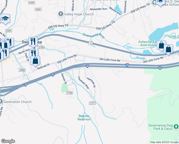 map of restaurants, bars, coffee shops, grocery stores, and more near 10 Fred Martin Drive in Swannanoa