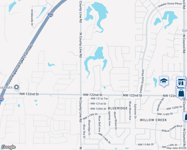 map of restaurants, bars, coffee shops, grocery stores, and more near 12617 Pinewood Lane in Oklahoma City