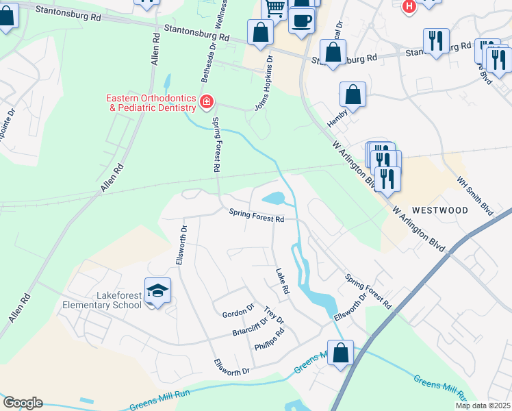 map of restaurants, bars, coffee shops, grocery stores, and more near 523 Spring Forest Road in Greenville