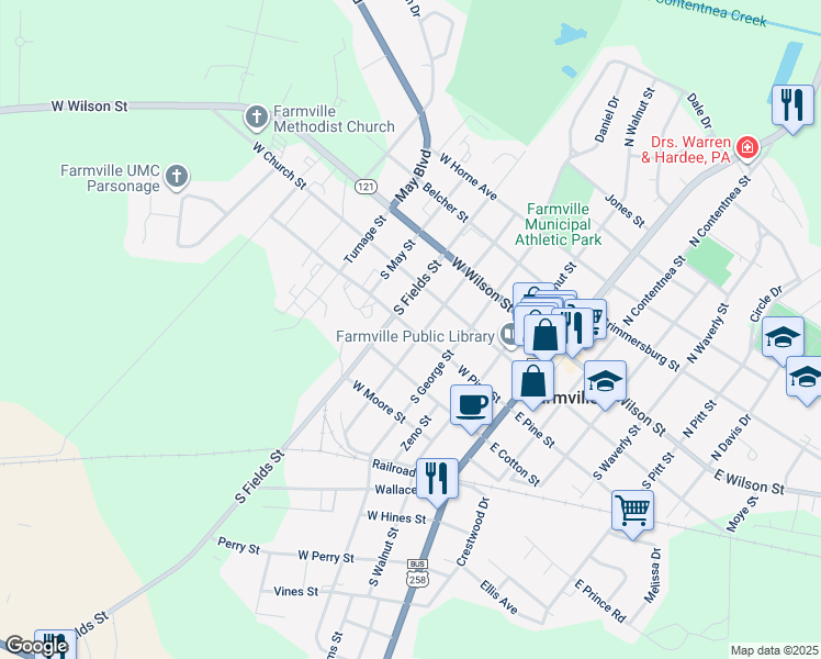 map of restaurants, bars, coffee shops, grocery stores, and more near 200-298 South Barrett Street in Farmville
