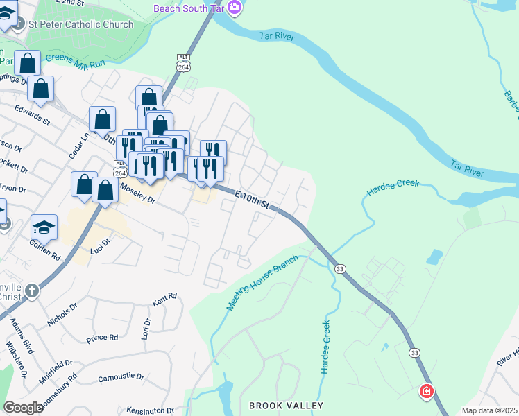 map of restaurants, bars, coffee shops, grocery stores, and more near 2009 Copper Beech Way in Greenville