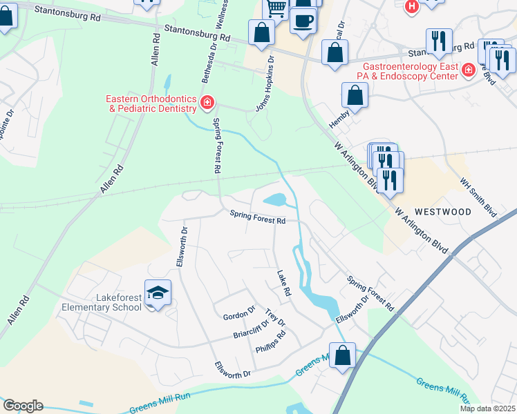 map of restaurants, bars, coffee shops, grocery stores, and more near 525 Spring Forest Road in Greenville
