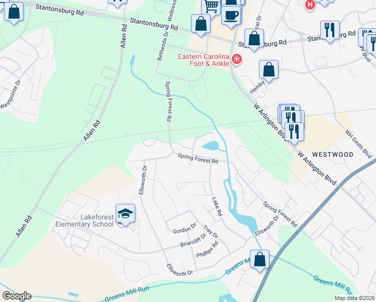 map of restaurants, bars, coffee shops, grocery stores, and more near 527 Spring Forest Road in Greenville