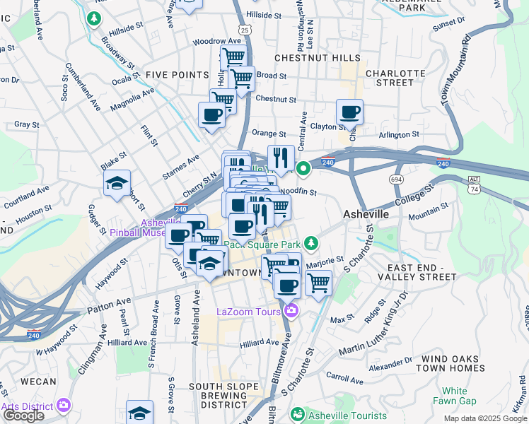 map of restaurants, bars, coffee shops, grocery stores, and more near 80 U.S. 25 in Asheville