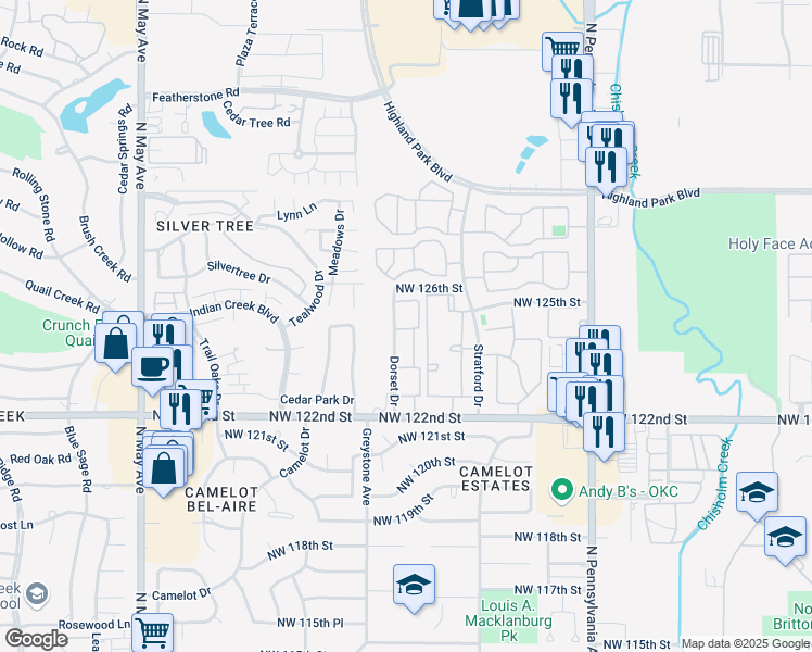 map of restaurants, bars, coffee shops, grocery stores, and more near 2401 Northwest 122nd Street in Oklahoma City