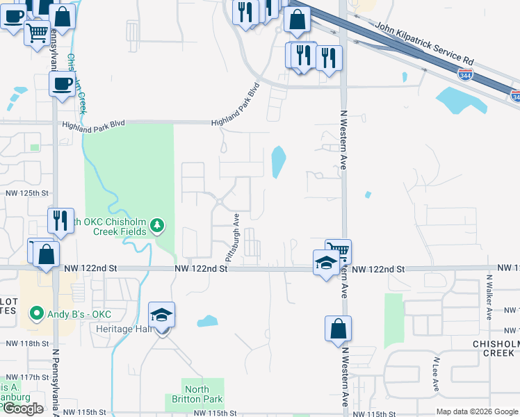 map of restaurants, bars, coffee shops, grocery stores, and more near 12620 Heritage Oaks Drive in Oklahoma City