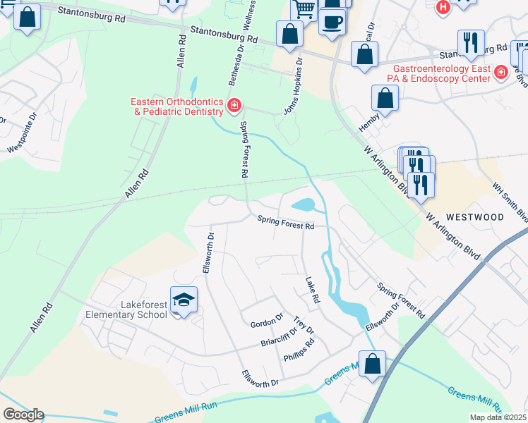 map of restaurants, bars, coffee shops, grocery stores, and more near 529 Spring Forest Road in Greenville