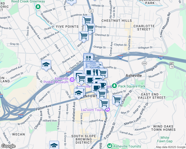map of restaurants, bars, coffee shops, grocery stores, and more near 80 U.S. 25 in Asheville