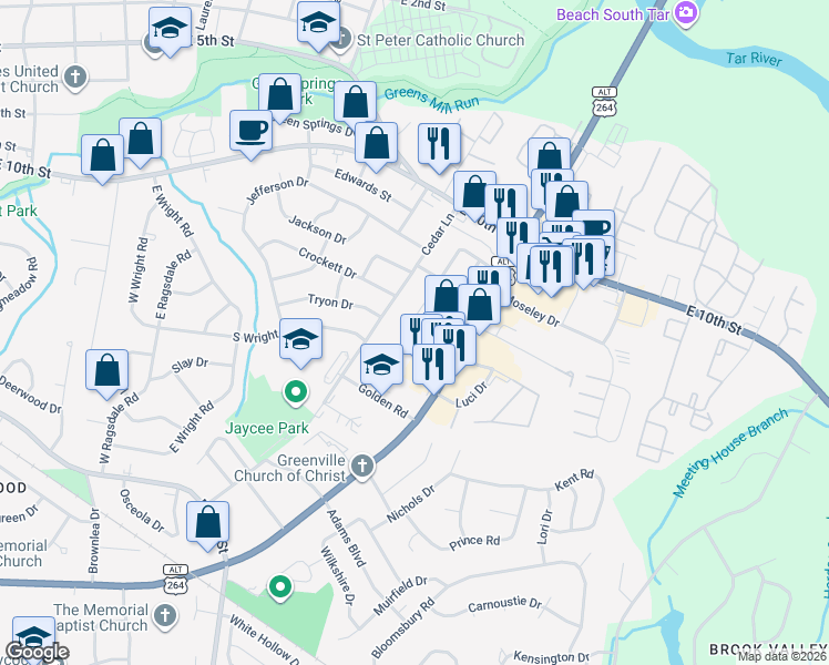 map of restaurants, bars, coffee shops, grocery stores, and more near 209 John Avenue in Greenville