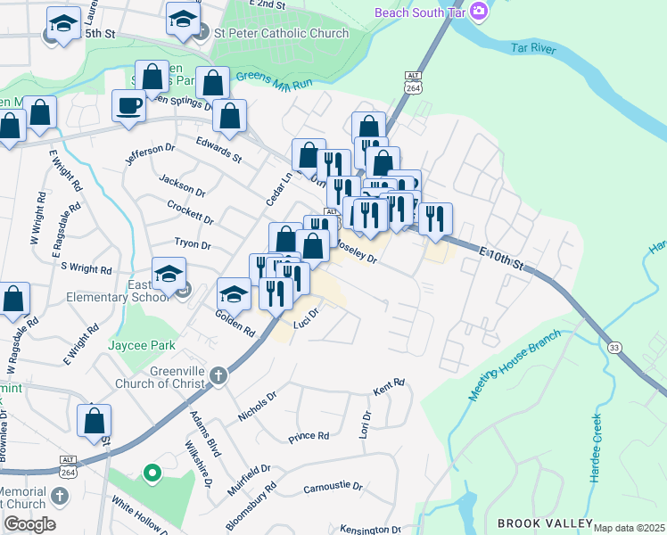 map of restaurants, bars, coffee shops, grocery stores, and more near 101 Cherry Court in Greenville