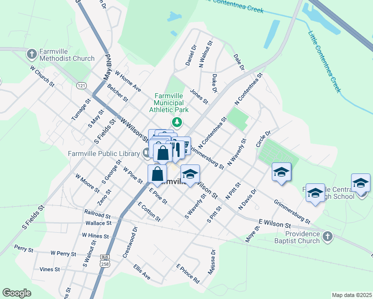map of restaurants, bars, coffee shops, grocery stores, and more near Joe Phillips Lane in Farmville