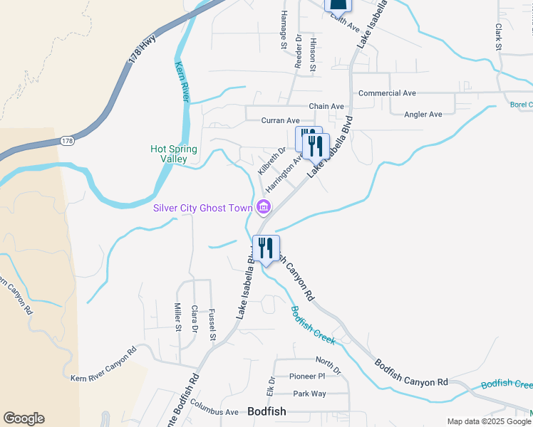 map of restaurants, bars, coffee shops, grocery stores, and more near 3833 Lake Isabella Boulevard in Bodfish