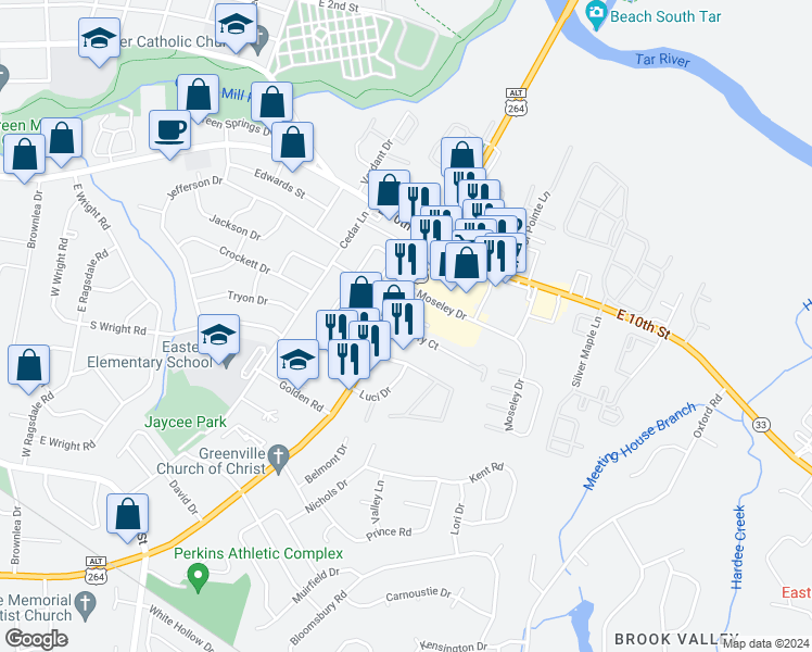 map of restaurants, bars, coffee shops, grocery stores, and more near 101 Cherry Court in Greenville