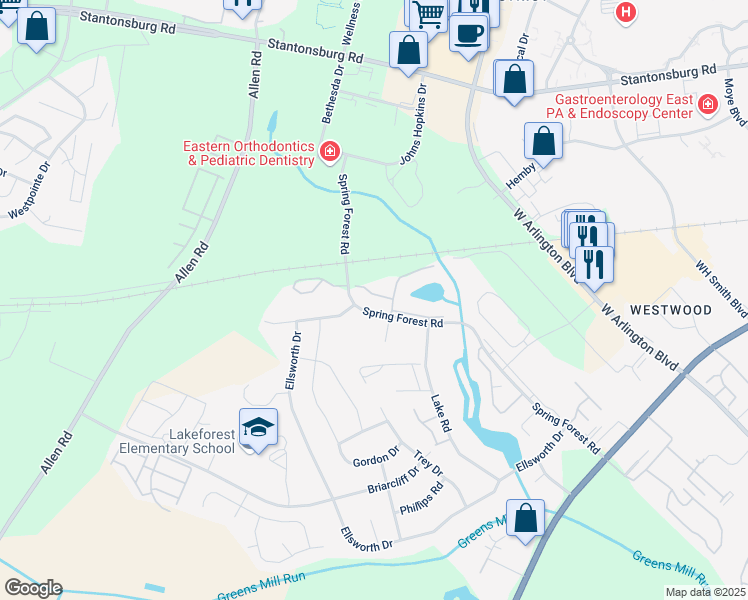 map of restaurants, bars, coffee shops, grocery stores, and more near 535 Spring Forest Road in Greenville