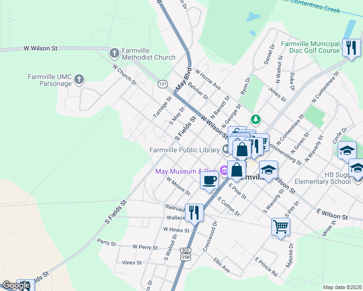 map of restaurants, bars, coffee shops, grocery stores, and more near 300-398 South Fields Street in Farmville