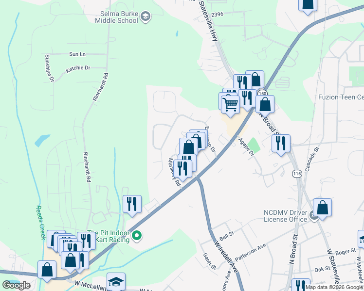 map of restaurants, bars, coffee shops, grocery stores, and more near 151 Limerick Road in Mooresville