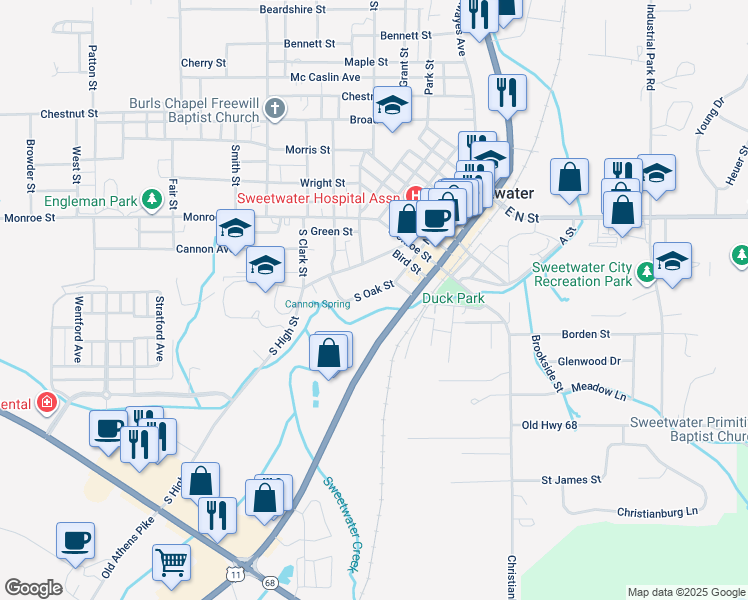 map of restaurants, bars, coffee shops, grocery stores, and more near 306 South Oak Street in Sweetwater