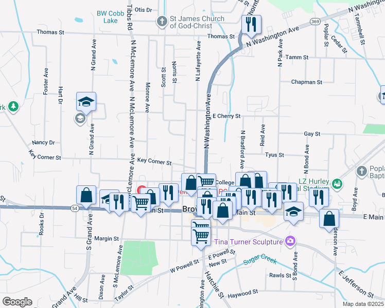 map of restaurants, bars, coffee shops, grocery stores, and more near 326 North Wilson Avenue in Brownsville
