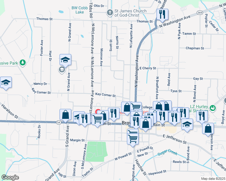 map of restaurants, bars, coffee shops, grocery stores, and more near 309 Key Corner Street in Brownsville