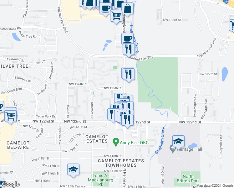 map of restaurants, bars, coffee shops, grocery stores, and more near 12525 North Pennsylvania Avenue in Oklahoma City