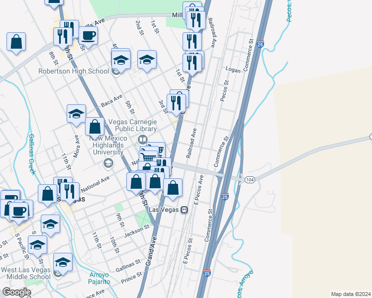 map of restaurants, bars, coffee shops, grocery stores, and more near 733 Railroad Avenue in Las Vegas