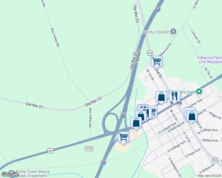 map of restaurants, bars, coffee shops, grocery stores, and more near 2633 Old Route 22 in Kenly