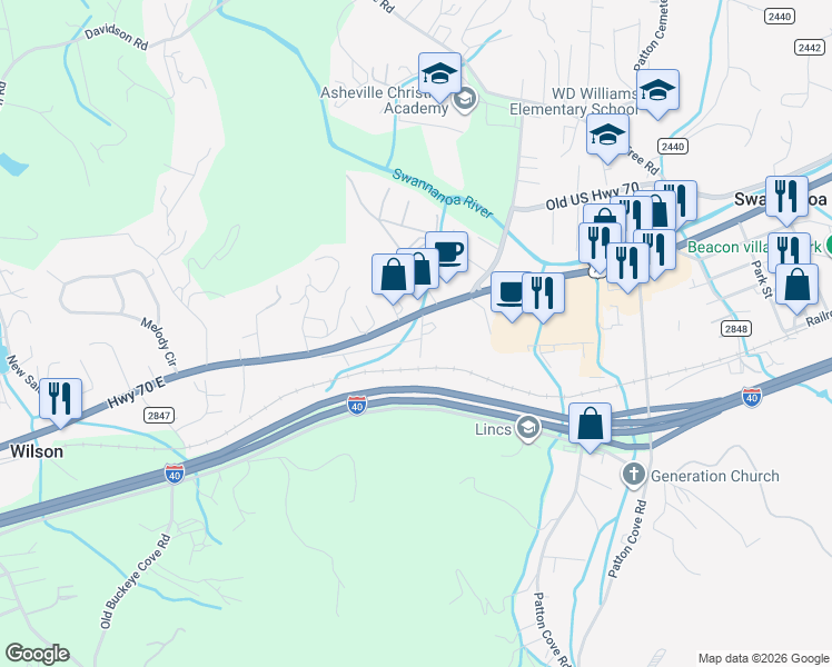 map of restaurants, bars, coffee shops, grocery stores, and more near 106 Martin Road in Swannanoa