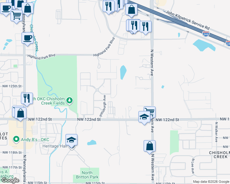 map of restaurants, bars, coffee shops, grocery stores, and more near 12620 Heritage Oaks Drive in Oklahoma City