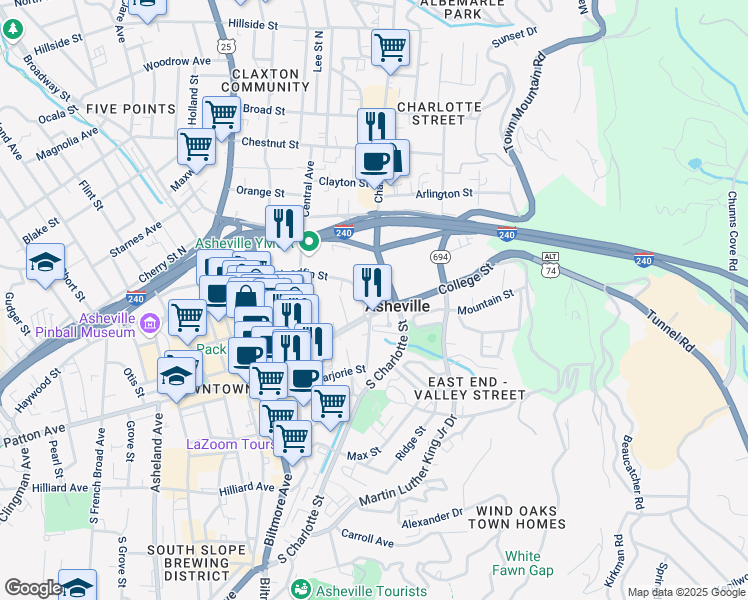 map of restaurants, bars, coffee shops, grocery stores, and more near in Asheville