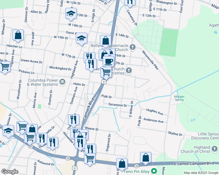 map of restaurants, bars, coffee shops, grocery stores, and more near 130 1/2 South Jackson Street in Columbia