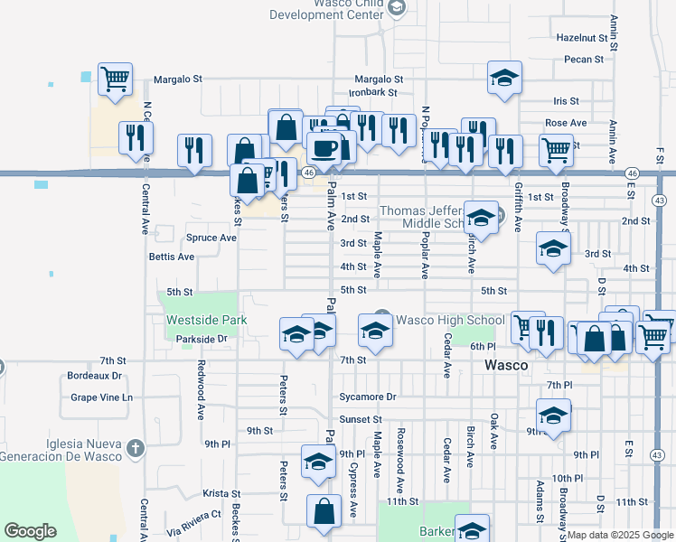 map of restaurants, bars, coffee shops, grocery stores, and more near 2036 4th Street in Wasco