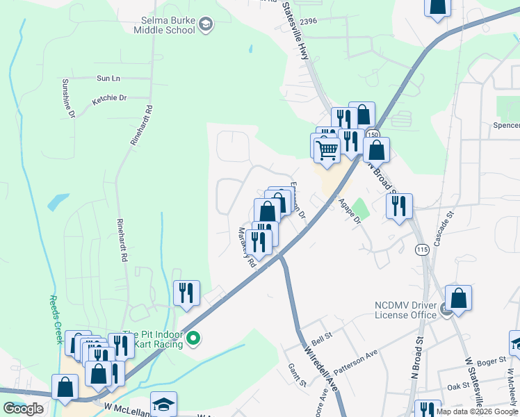 map of restaurants, bars, coffee shops, grocery stores, and more near 151 Limerick Road in Mooresville