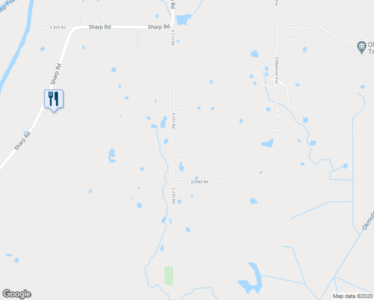 map of restaurants, bars, coffee shops, grocery stores, and more near 17690 South 210 Road in Okmulgee