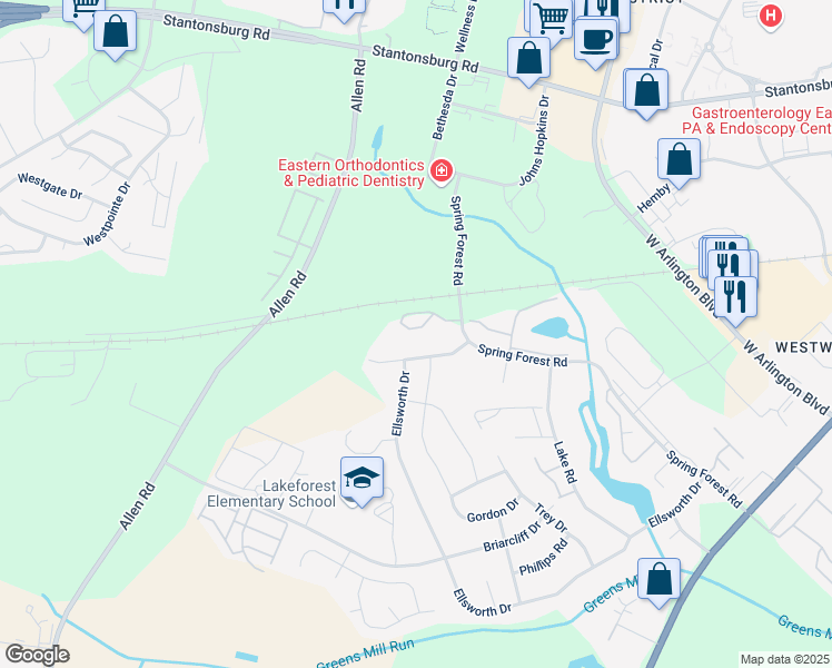 map of restaurants, bars, coffee shops, grocery stores, and more near 520 Spring Forest Road in Greenville
