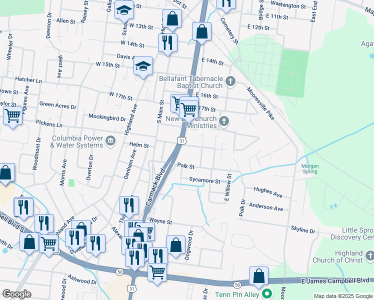 map of restaurants, bars, coffee shops, grocery stores, and more near 130 1/2 South Jackson Street in Columbia