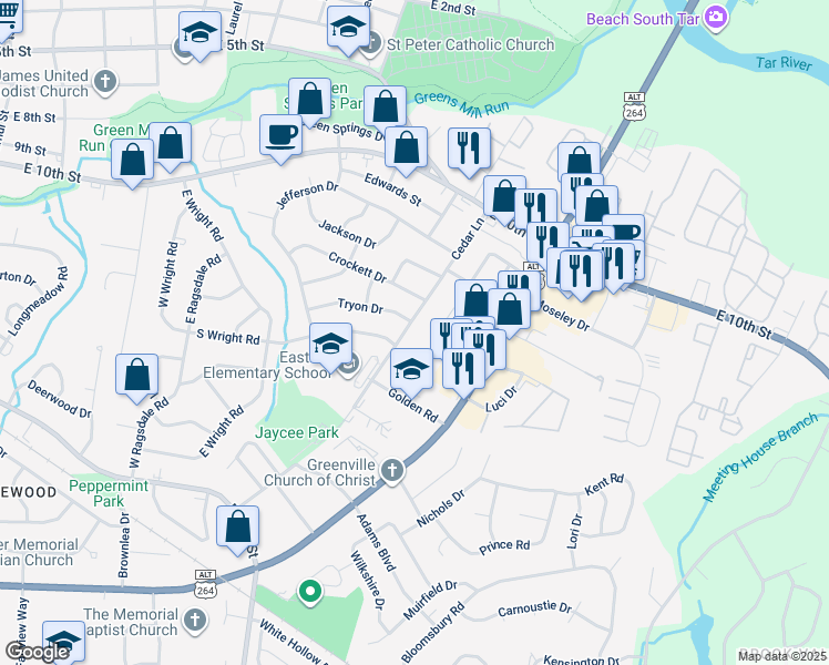 map of restaurants, bars, coffee shops, grocery stores, and more near 1501 Cedar Lane in Greenville