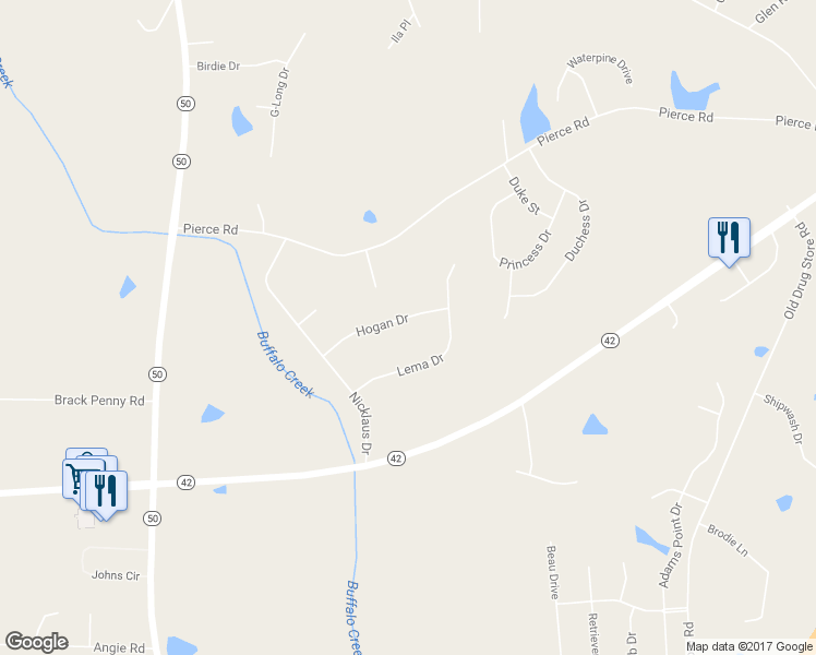 map of restaurants, bars, coffee shops, grocery stores, and more near 120 Hogan Drive in Garner