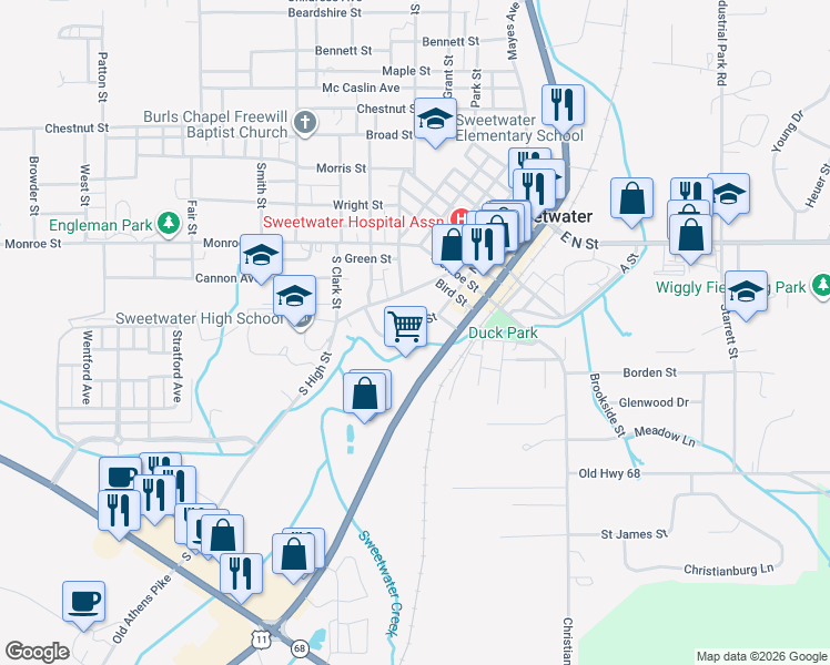 map of restaurants, bars, coffee shops, grocery stores, and more near 306 South Oak Street in Sweetwater