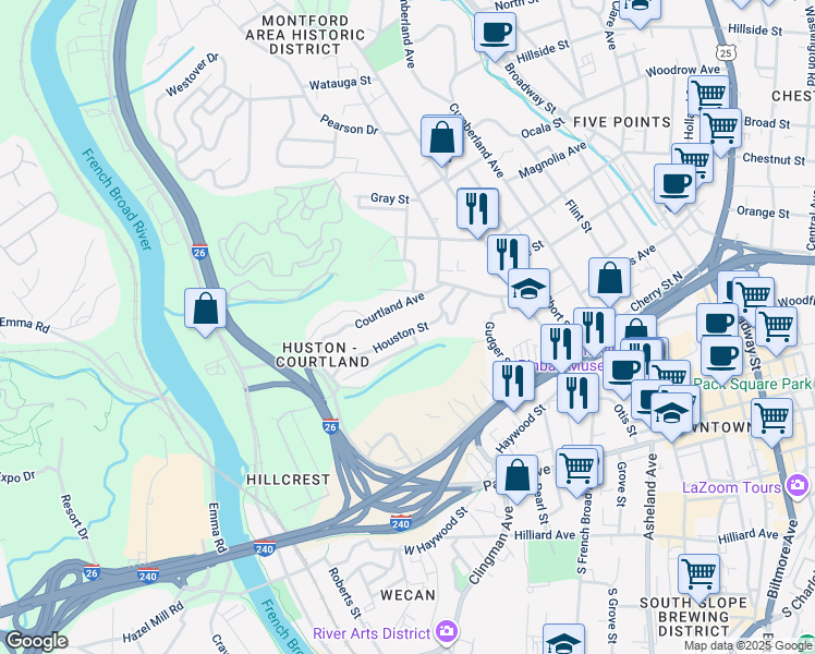 map of restaurants, bars, coffee shops, grocery stores, and more near 68 Houston Street in Asheville