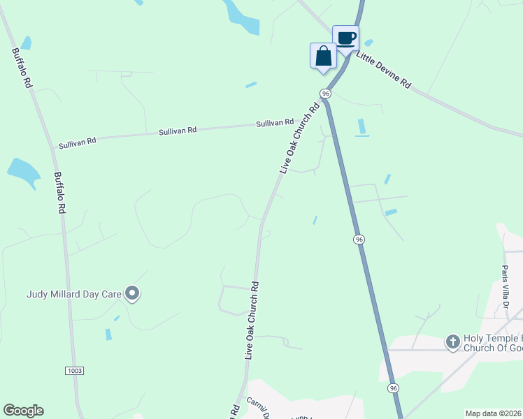 map of restaurants, bars, coffee shops, grocery stores, and more near 1203 Live Oak Church Road in Selma
