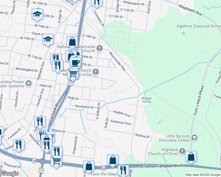 map of restaurants, bars, coffee shops, grocery stores, and more near 313 East Highland Drive in Columbia
