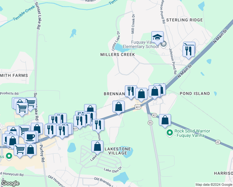 map of restaurants, bars, coffee shops, grocery stores, and more near 1009 Bren Village Court in Fuquay Varina