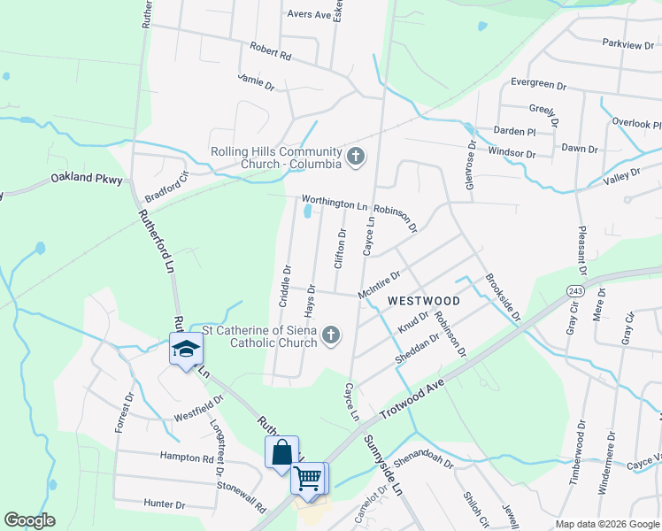 map of restaurants, bars, coffee shops, grocery stores, and more near 6006 Clifton Drive in Columbia