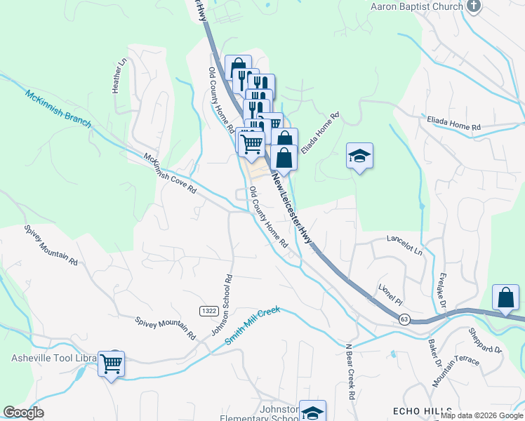 map of restaurants, bars, coffee shops, grocery stores, and more near 5 Glimmer Drive in Asheville