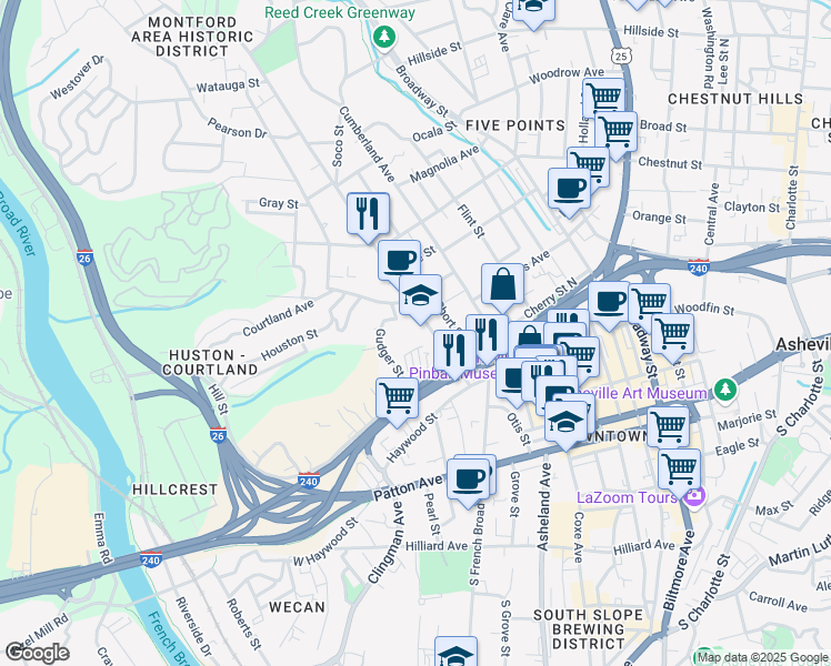 map of restaurants, bars, coffee shops, grocery stores, and more near 90 Montford Avenue in Asheville