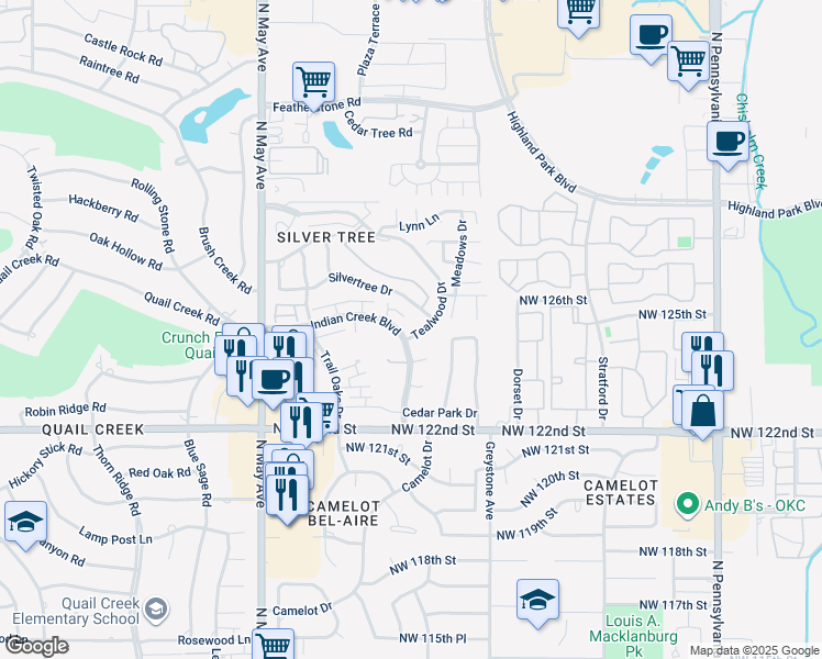 map of restaurants, bars, coffee shops, grocery stores, and more near 20 Tealwood Drive in Oklahoma City